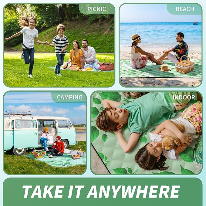 ANJ Outdoors (2025 Upgrade) Extra Large Waterproof Picnic Blankets | Foldable Sandproof Beach Blanket N Outdoor Blanket | 5-Layer Machine Washable Soft Picnic Mat for Camping Grass Park N Stadium