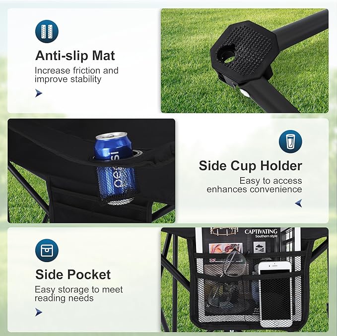 LET'S CAMP Camping Chair 2 Pack Folding Chair with 3-Can Cooler Bag Portable Lawn Chair with Cup HolderStorage Pocket Supports 225LBS Collapsible Chair for Camp Beach Picnic (Black)