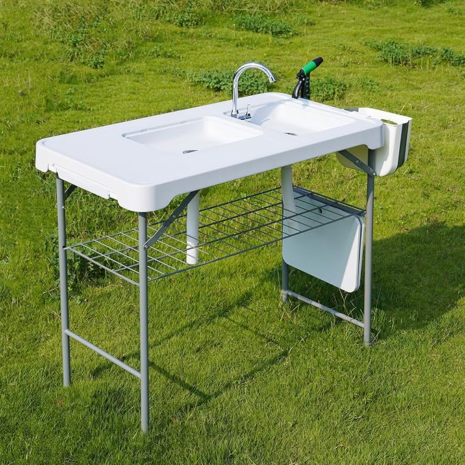 Allpop Fish Cleaning Table with 2 Sinks &amp Grid Rack 42.5'' Portable Folding Camping Fish Station with Foldable Faucet Drainage Hose Sprayer Storage Box Drawer &amp Grooves for Picnic White