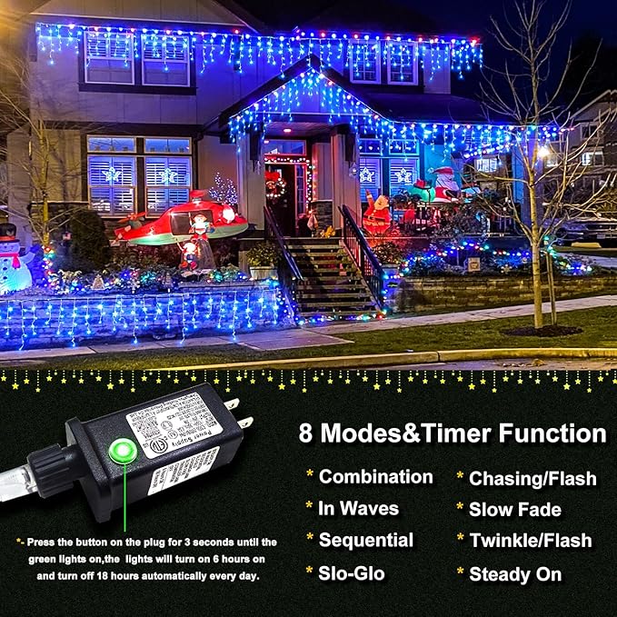 Icicle Christmas Lights Outdoor 99ft 1216 LED Icicle Lights for Outside 8 Modes with 228 Drops Waterproof Plug in Blue Christmas Light for House Indoor Party Holiday Wedding Halloween Decorations
