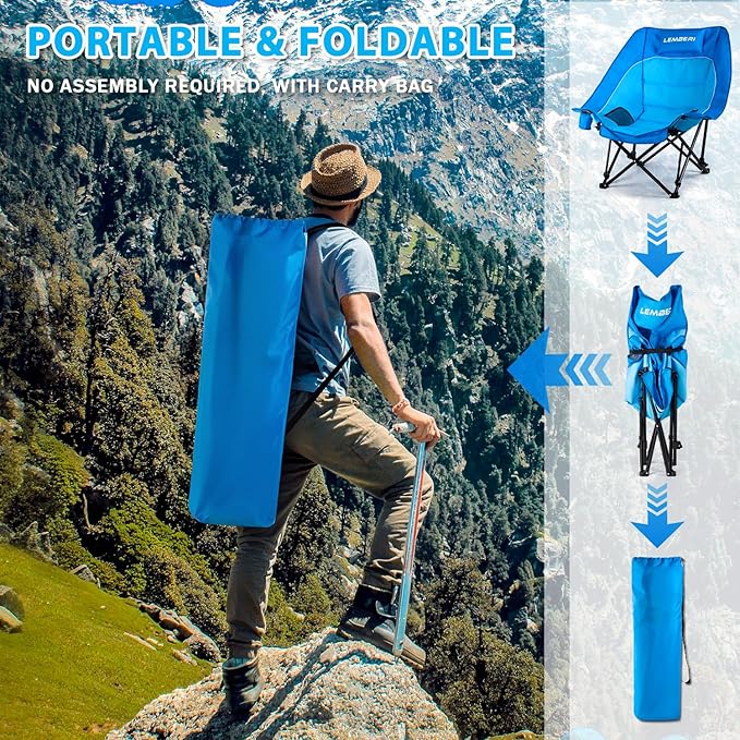 Outdoor Oversized Camping Chair Heavy Duty Support 500 LBS for Adults Portable Folding Wide Lawn Chair with Headrest Support and Cup Holder Low Camping Chair for Fishing Garden Blue