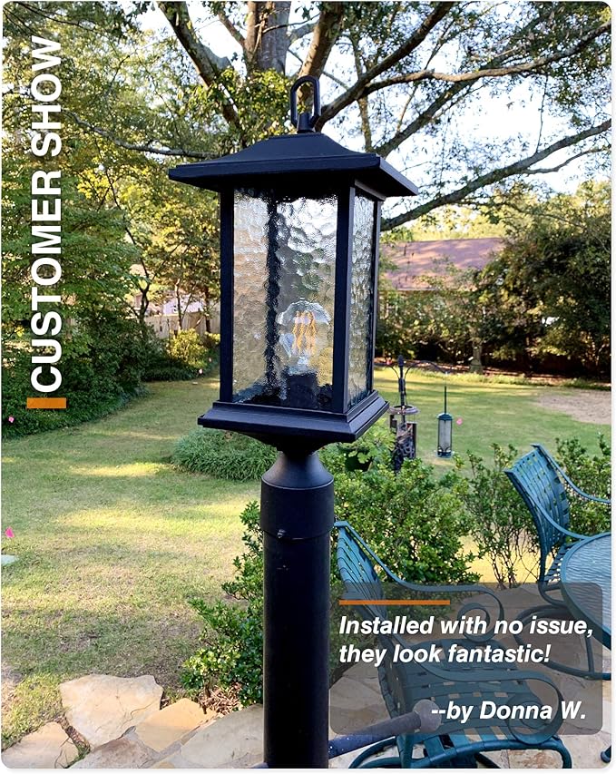 Beionxii Dusk to Dawn Outdoor Post Lights 21inch Large Exterior Lamp Post Light Pier Mount Lantern with Base Black Cast Aluminum w/Water Glass - A272P-2PK (NOT Solar 110-120V AC)
