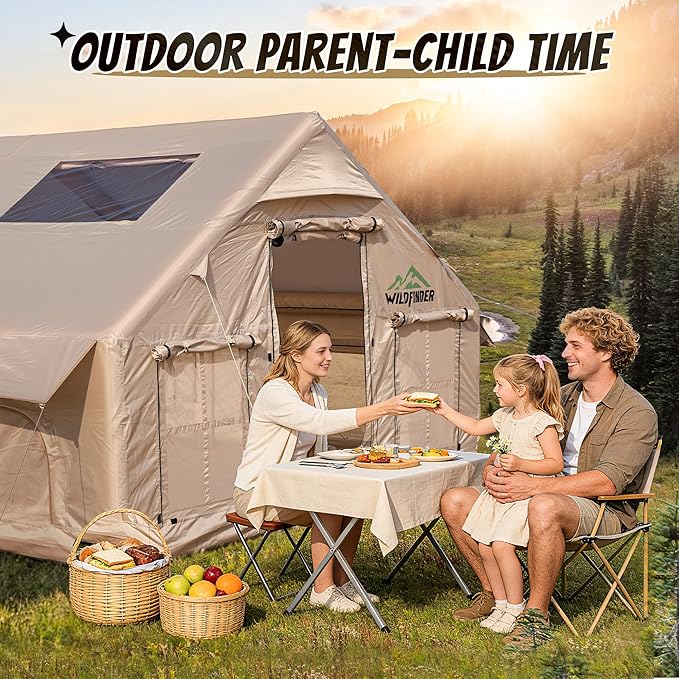 Inflatable Tent with Skylight Quick Setup Blow Up Tents with Pump Hot Tent with Stove Jack Waterproof Oxford Inflatable House for Camping Air Glamping Tents for Camping Adult 4-6 Person