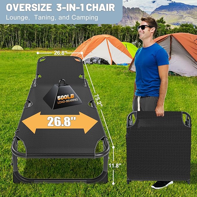 Slsy Sleeping Cots for Adults 5-Position Folding Chaise Lounge Chairs Outdoor Portable Folding Bed Cot Lounge Chair for Beach Lawn Camping Pool Sun Tanning