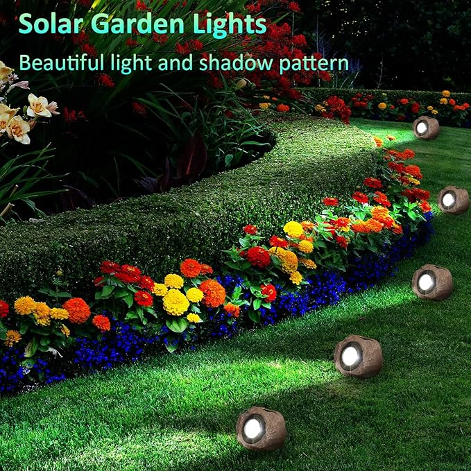 2 Pack Solar Rock Lights Outdoor Angle Adjustable Solar Lights Outdoor Waterproof LED Solar Garden Lights Auto On/Off Landscape Lighting for Yard Pathway Patio Flower Bed - White Glow (Stone Brown)