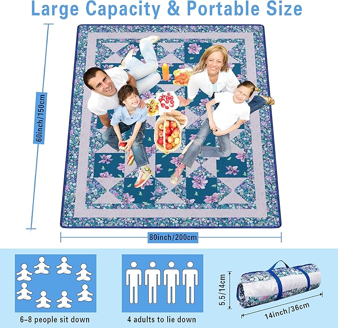 Extra Large Picnic Blankets Waterproof Foldable (60x 80) Beach Blanket Waterproof Sandproof3-Layer Thicking Mat Outdoor Packable Camping Blanket