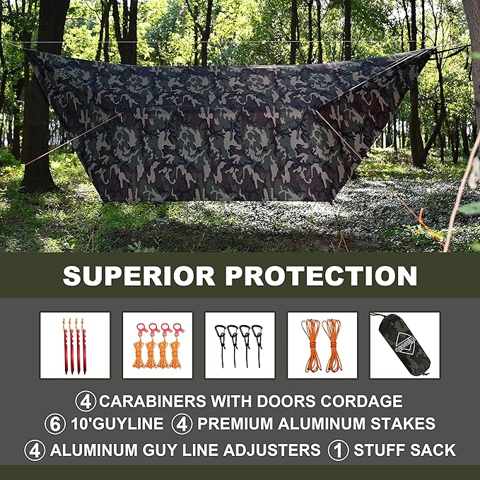 Onewind 12×10 ft Camo Camping Tarp Billow Tarp Shelter Lightweight Waterproof Hammock Rainfly for Stealth Camping Army Military Bushcraft Easy to Setup with Tent Pegs and Guyline Camouflage