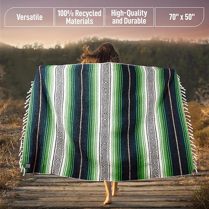 Hydration Nation Authentic Extra Large Mexican Blanket (70x50) - Handwoven Yoga Serape- Artisanal Falsa Beach Camping Picnic Outdoor - Tropical Green