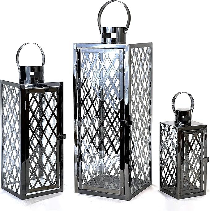 Allgala Lantern Set 3-PC Set Jumbo Luxury Modern Indoor/Outdoor Hurricane Candle Lantern Set with Chrome Plated Structure and Tempered Glass-Diamond Gold-HD88051