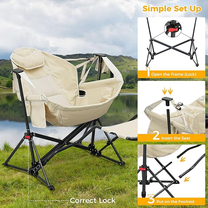 Ainfox Hammock Chair with Footrest Oversized Swinging Portable Folding Camping Chairs for Adults Outside Swinging Camp with Cup Holder Pillow for Outdoor Patio Lawn Beige