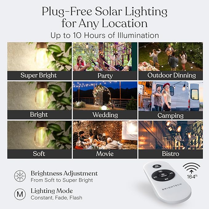 Brightech Ambience Pro Super Bright Solar - 27Ft Remote Control Outdoor String Lights with 12 Shatterproof S14 Bulbs Commercial Grade LED Waterproof Patio Lights 4W Soft White for Patios Gardens