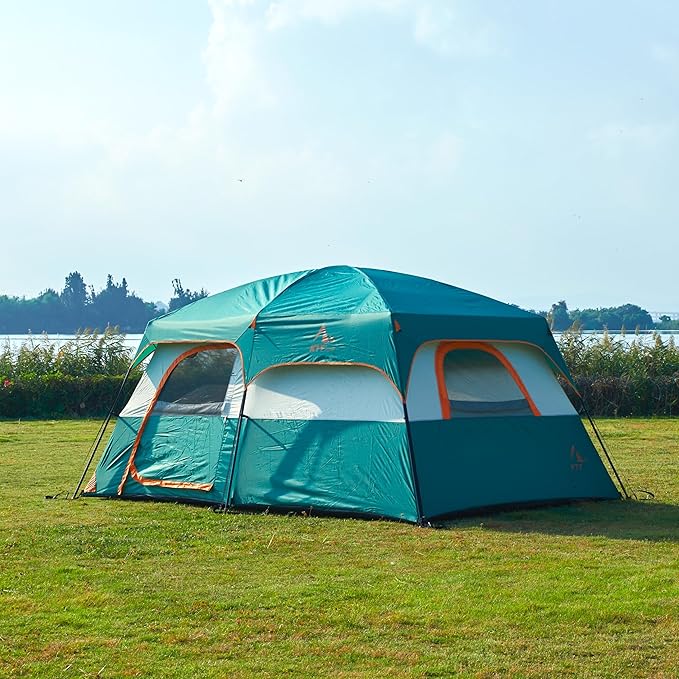 KTT Extra Large Tent 10-12-14 Person(Style-B)Family Cabin Tents2 Rooms3 Doors and 3 Windows with MeshStraight WallWaterproofDouble LayerBig Tent for OutdoorPicnicCampingFamily Gathering