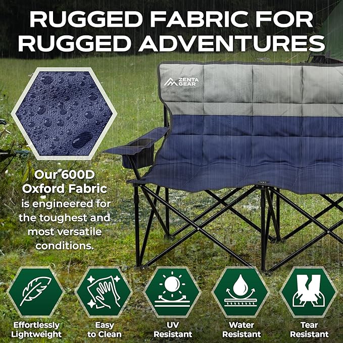 Oversized Fully Padded Double Camping Chair Portable Folding Loveseat w/Side &amp Back Pockets Adjustable Armrests Double-Sized Cup Holders for Outdoor Indoor Supports 530LBS (Dark Navy)