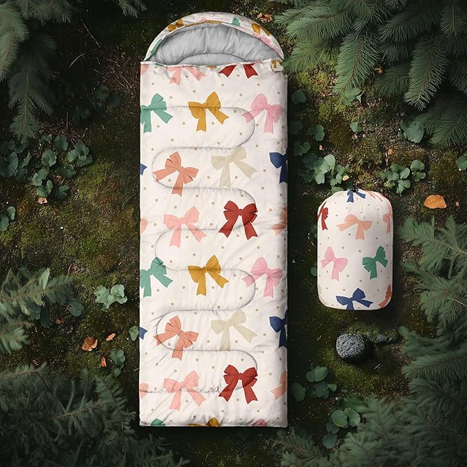 Colorful Bow Sleeping Bag 3 Season Warm Cool Weather Hand Drawn Bow Camping Sleeping Bag for Adult Cute Bowknot Camping Backpacking for Outdoor Traveling Hiking Hunting Gear Equipment