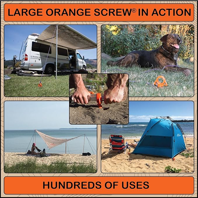 Orange Screw Ultimate Ground Anchors: Heavy Duty Screw-in Tent Stakes for High Wind Sand Canopies and Camping - Made in USA 100% Recycled Included T-Grip Tool - (Large 2 Pack)