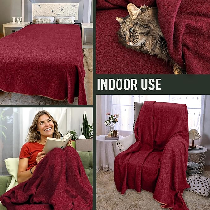 Large Military Wool Blanket - Warm &amp Thick Emergency Survival Blanket Great for Camping Outdoors Sports Events Picnics 4.5 lbs 64 x 88 (Maroon)