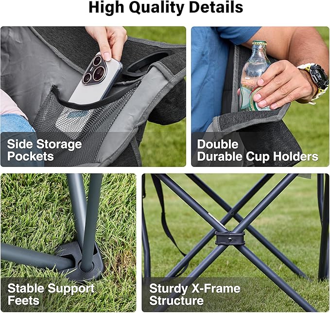 Oversized Camping Chair Portable Folding Padded Camp Chairs with Side Pocket Cup Holder Heavy Duty Support 500LBS Outdoor Lounge Chair for Adults Fishing Sports Trip Black