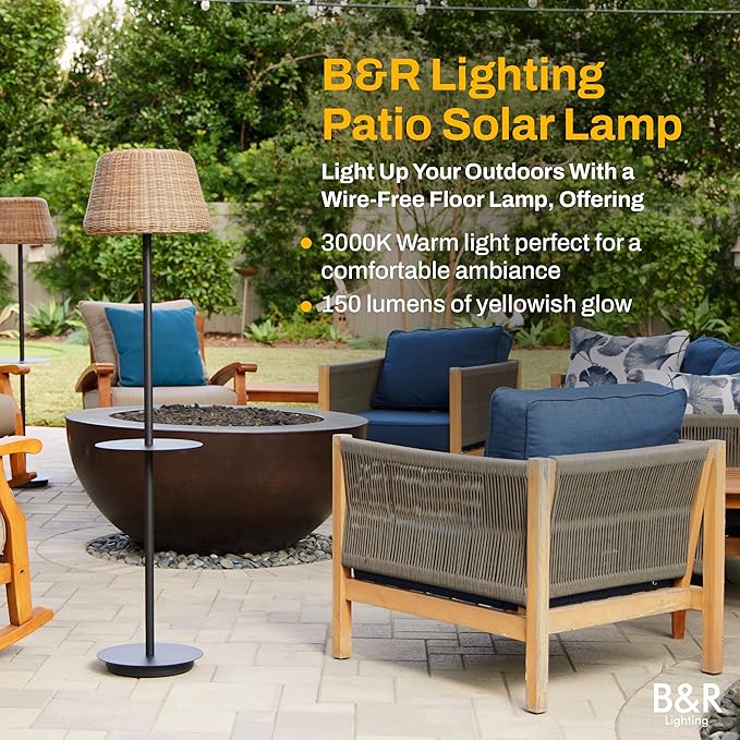 B&ampR Lighting Solar Outdoor Floor Lamp with Table - Cordless Outdoor Floor Lamp - Patio Porch Garden - Rattan Wicker Lights for Outside - Waterproof Rechargeable Weatherproof