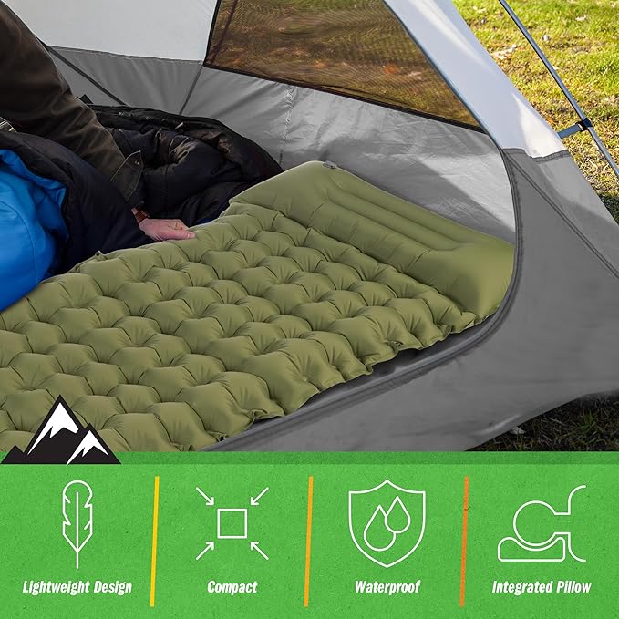 Sleeping Pad for Camping - Inflatable Mat with Built-in Foot Pump - Waterproof Camp Mattress - Camping Gear Must Haves by Wakeman Outdoors (Olive)