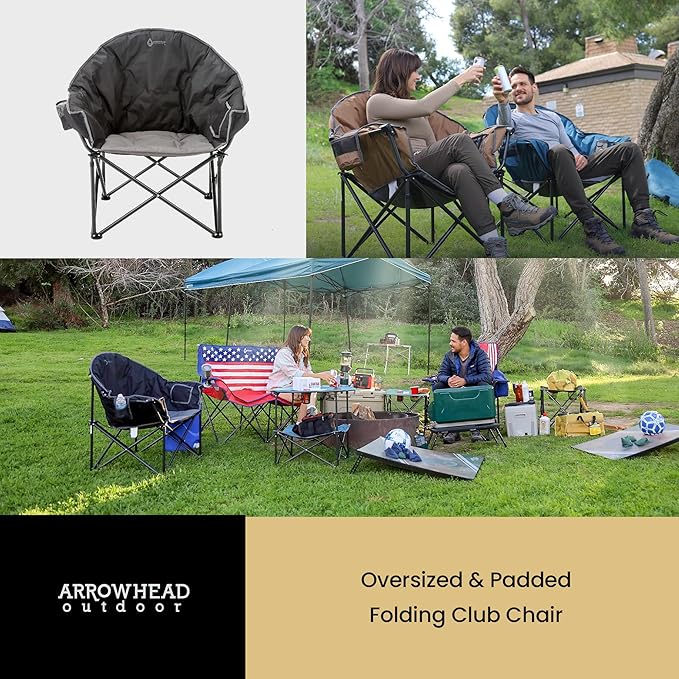 ARROWHEAD OUTDOOR Oversized Heavy-Duty Club Folding Camping Chair with Pocket Cup Holder Portable Padded Moon Round Saucer Supports 330lbs Carrying Bag