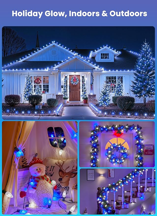 Christmas Pathway Lights Outdoor 2 Pack 26 Ft 20 LED C9 Strawberry String Lights with Stakes Connectable Waterproof Outside Christmas Lights Marker for Path Lane Patio Decor Blue &amp Pure White