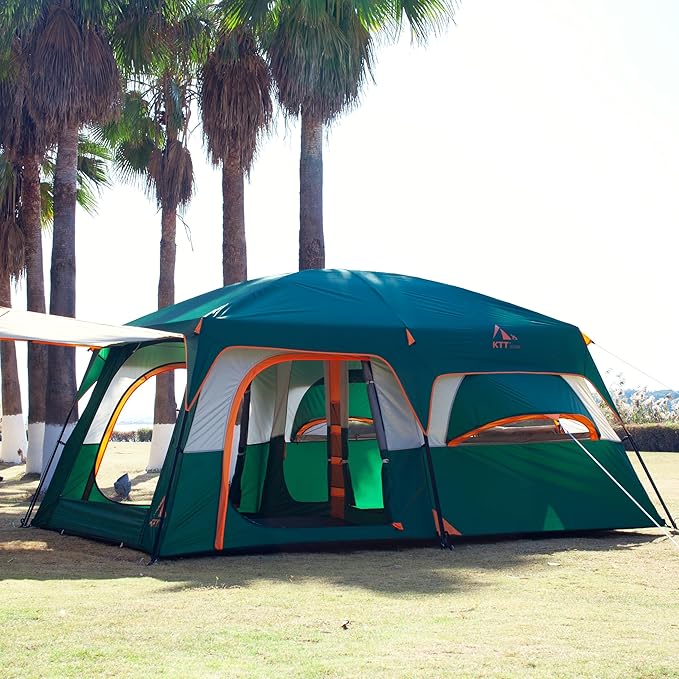 KTT Extra Large Tent 12 PersonFamily Cabin Tents2 Rooms3 Doors and 3 Windows with MeshStraight WallWaterproofDouble LayerBig Tents for OutdoorPicnicCampingFamily Gathering.