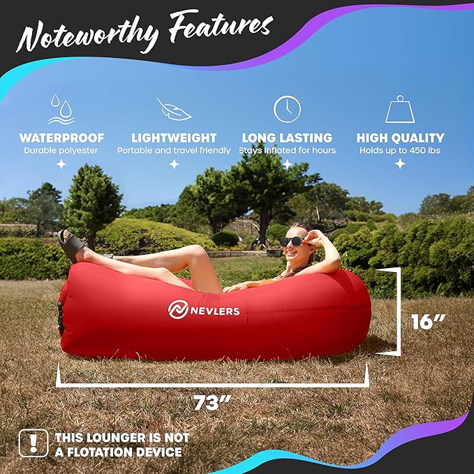 Nevlers Red &amp Saffron Inflatable Lounger 2 Pack | 210T Polyester Blow Up Chair | No-Pump Inflatable Couch Set | Air Couch w/ 450 lbs. Capacity Pockets &amp Carry Bags for Use as Portable Beach C