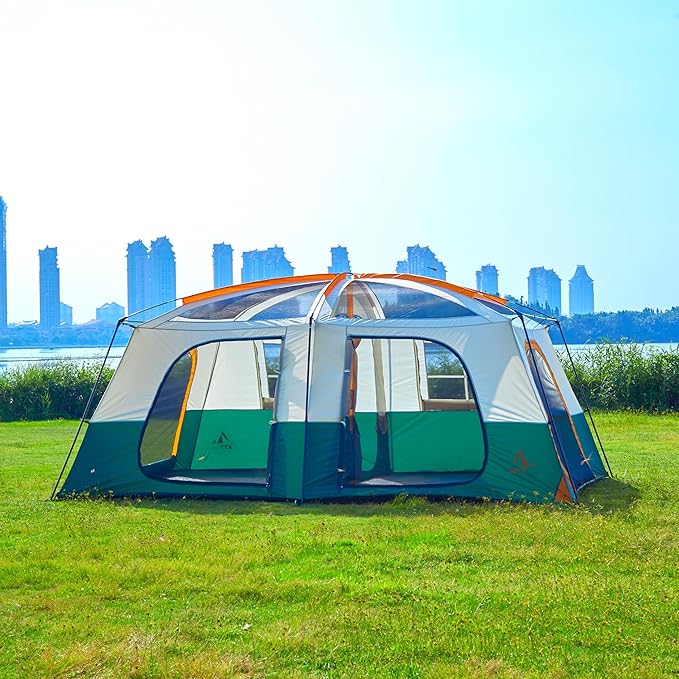 KTT Extra Large Tent 12-14 PersonFamily Cabin Tents2 RoomsStraight Wall2 Doors 4 Windows with MeshWaterproofStraight WallBig Tent for OutdoorPicnicCampingGathering(Brown)