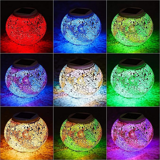 Color Changing Solar Powered Glass Mosaic Ball Led Garden Lights Rechargeable Solar Table Lights Outdoor Waterproof Solar Night Lights Table Lamps for Decorations Ideal Gifts