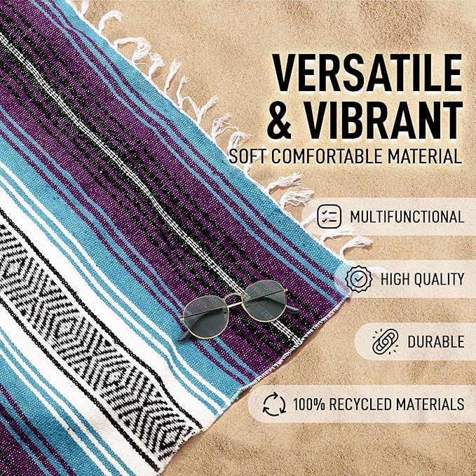 Hydration Nation Authentic Extra Large Mexican Blanket (70x50) - Handwoven Yoga Serape- Artisanal Falsa Beach Camping Picnic Outdoor - Purple Haze