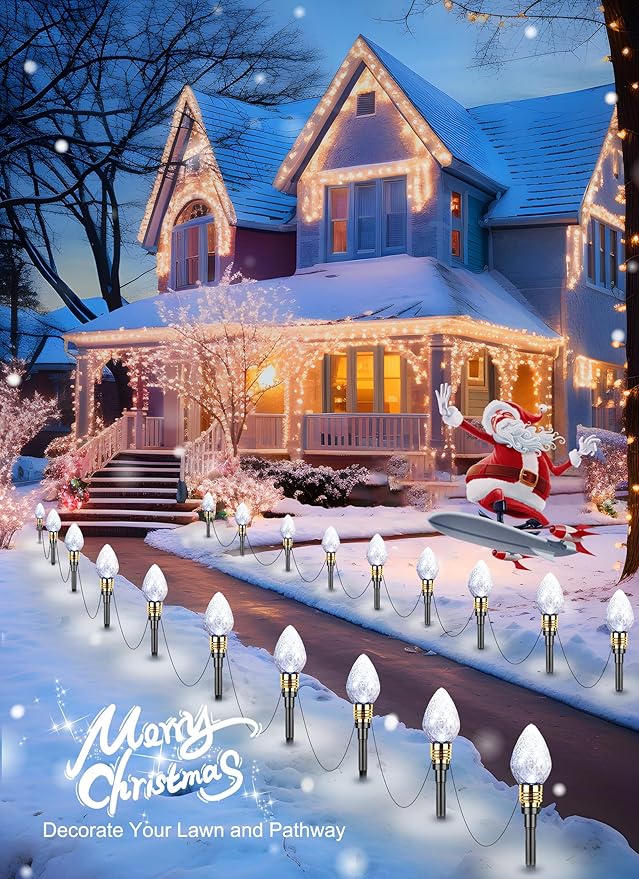 Brightown 2 Pack Strawberry C9 Christmas Pathway Lights Outdoor Total 34.8 Ft 20 C9 Pathway Lights Waterproof Connectable Christmas Walkway Light for Yard Ground Sidewalk Driveway Pure White