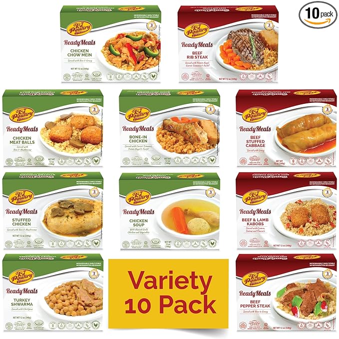 KJ Poultry Kosher Ready Meals - (10 Pack Variety - Beef Chicken &amp Turkey) Prepared Entree Fully Cooked Shelf Stable Microwave Dinner Travel Military Camping Emergency Survival Protein