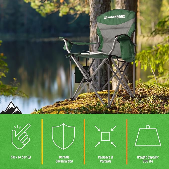 Oversized Camping Chair 300lbs - Heavy Duty Folding Chair with Cooler Pouch and Carry Bag for Camp Sites Tailgates or Beach by Wakeman (Green)