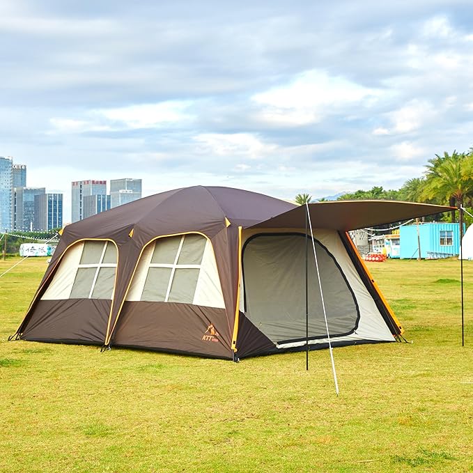 KTT Extra Large Tent 12 PersonFamily Cabin TentsAwning2 Rooms4 Doors and 4 Windows with MeshStraight WallWaterproofDouble LayerBig Tent for OutdoorPicnicCampingFamily Gathering