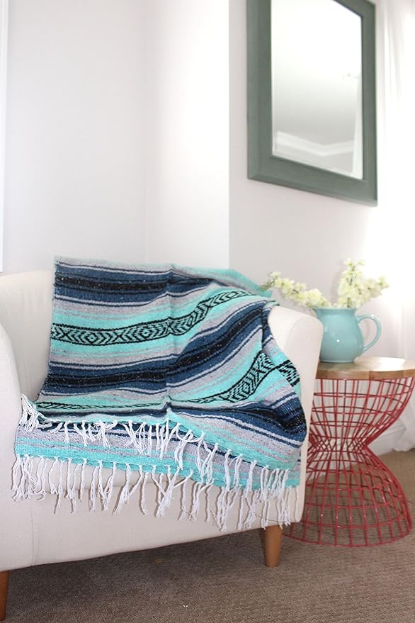 Del Mex Classic Mexican Blanket Large Authentic Woven Falsa Throw (70x50) Artisan Southwest Décor for Beach Yoga Outdoors (Navy/Mint)