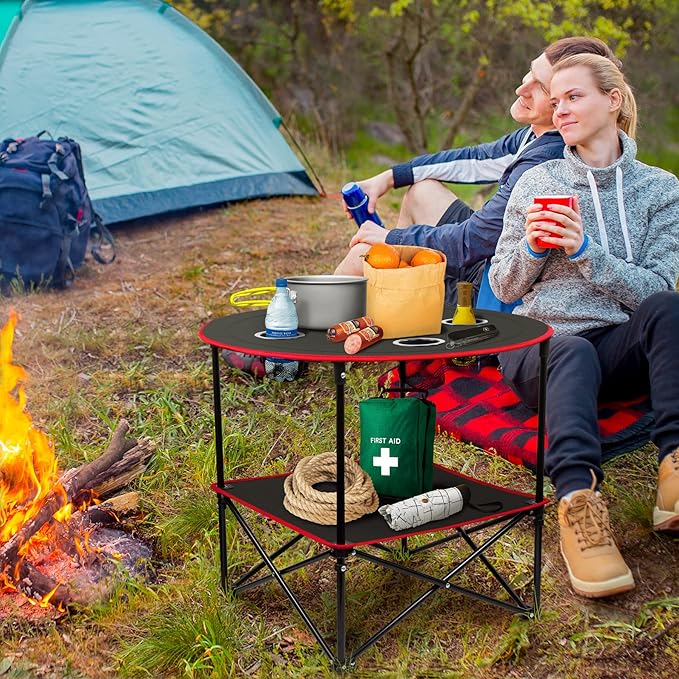 Portable Camping Table Folding Picnic Tables Lightweight Folding Table Waterproof Canvas Beach Table for Outside with 4 Cup Holders &amp Carry Bags for Camping Beach Campfires and Tailgating