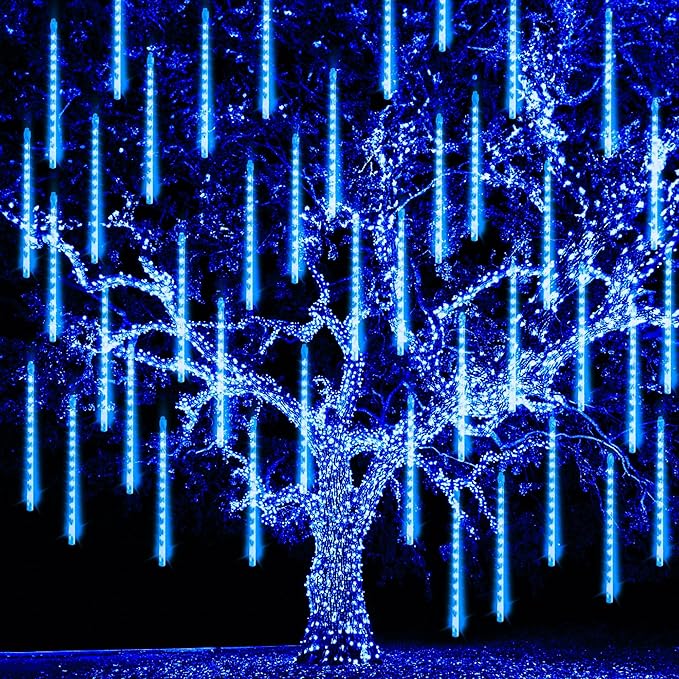 TW SHINE Christmas Meteor Shower Lights Outdoor 864 LED 12 24 Tubes Waterproof Christmas Lights Outdoor Plug in Snow Falling Rain Icicle Xmas Light Decorations Blue