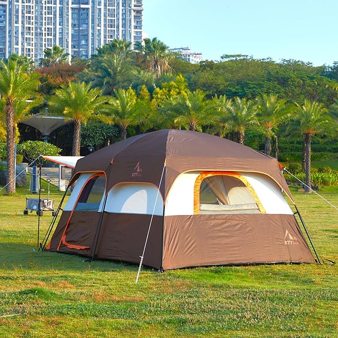 KTT Large Tent 8-10-12 PersonFamily Cabin Tents2 Rooms2 Doors and 4 Windows with MeshStraight WallWaterproofDouble LayerBig Tents for OutdoorPicnicCampingFamily Gathering