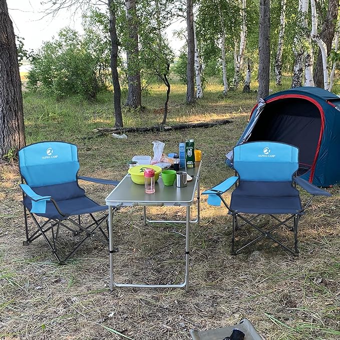 LET'S CAMP 2 Pack Folding Camping Chairs Low Chair Quad Portable with Cup Holder Steel Frame Collapsible 250LBS