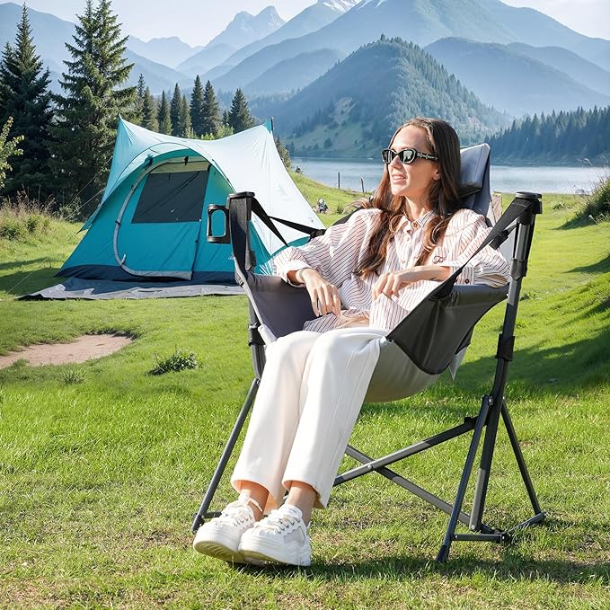 Hammock Camping Chair 3 Heights Swinging Chair with Adjustable Backrest Folding Rocking Chair with Head Pillow&ampCup Holder Outdoor Chair for Camping and Hiking Supports 350lbs Grey