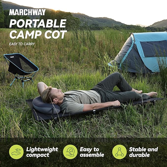 MARCHWAY Lightweight Folding Tent Camping Cot Bed with Lever Lock Easy Setup Portable Compact for Outdoor Travel Hunting Hiking Motorcycling Support 330Lbs (Black)