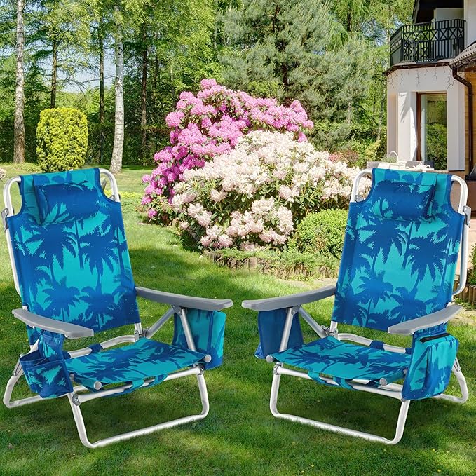 Backpack Beach Chair 5 Position Adjustable Camping Chairs with Head Pillow Cooler Bag Towel Bar Cup Holders Portable 2-Pack Folding Beach Chairs for Adults (Without Table Coconut Tree)