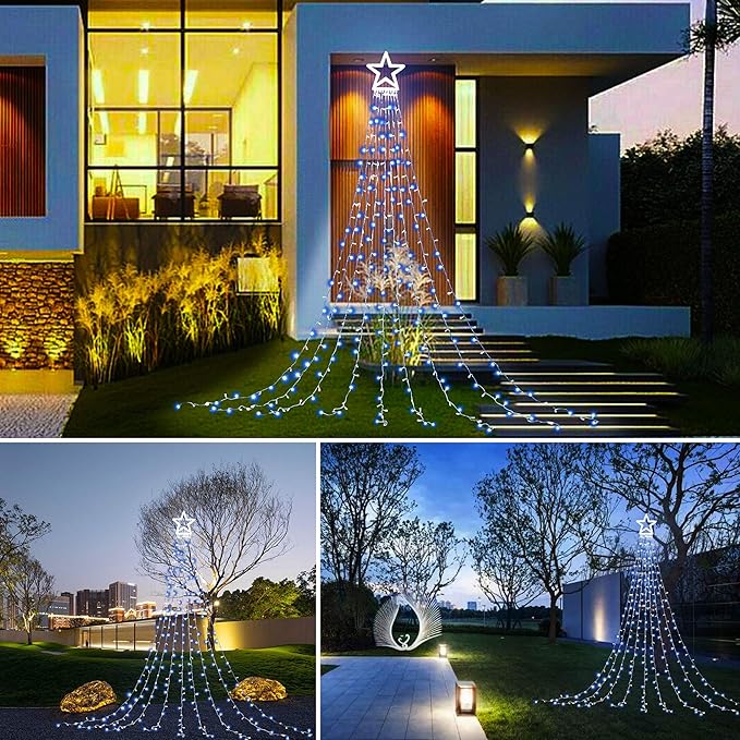 PUHONG Christmas Decoration Outdoor Star String Lights16.4Ft Christmas Tree Toppers Lights 320 LED 8 Memory Modes with 14 Lighted Star for Halloween Christmas New Year Holiday Birthday(White)