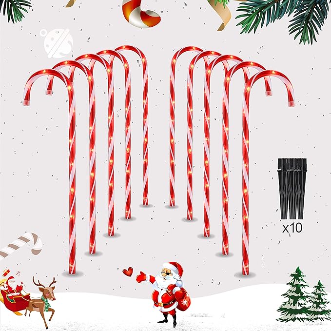 26 Christmas Candy Cane Pathway Markers Lights Set of 10 Pack Christmas Outdoor Decorations Candy Cane Lights for Yard Patio Garden Walkway Indoor Décor Landscape Path Festival Holiday Red