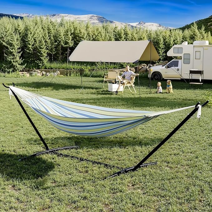 Hammock Chair Outdoor With Stand - Heavy Duty 500LB Capacity Portable Hanging Swing Chair for Patio Garden Backyard Camping - Breathable Cotton-Polyester Blend With Adjustable Steel Frame &amp Car