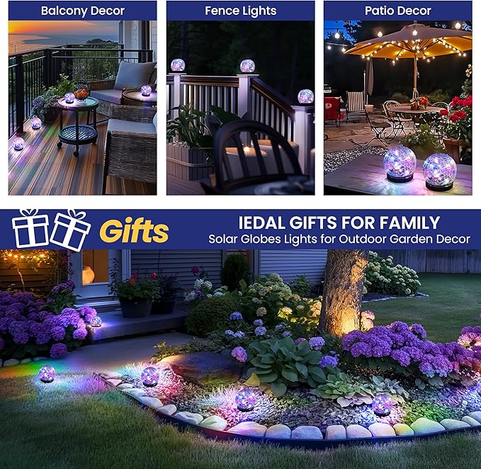Solar Lights Outdoor for Yard Patio Porch Garden Decor Birthday Gifts for Mom Women Solar Globe Lights Waterproof Cracked Glass Ball Outdoor Decorations Balcony Backyard (4 Pack Multicolor)