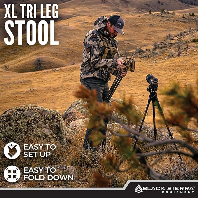 Black Sierra Folding Hunting Stool w/Shoulder Strap Supports 225 lbs Lightweight Collapsible Tripod Seat Foldable Steel Frame Chair Perfect for Hunting