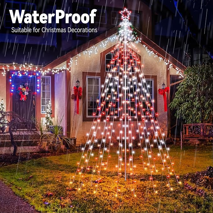 Flacchi Outdoor Star String Lights - Pole Set with Remote Multiple Lighting Modes Timer and Waterproof Feature for Ultimate Holiday Decor (RGB 10 FT/408LED)
