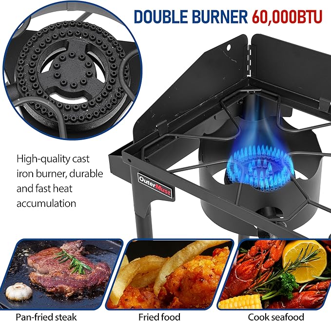 Propane Double Burner for Outdoor Cooking Two Camping Stove with Removable Windscreen and Detachable Legs Stand for Home Brewing Camping BBQ