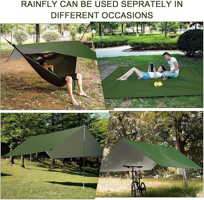 Camping Hammock with Rain Fly Tarp and Mosquito Net Tent Tree Straps Portable Single Double Nylon Parachute Hammock Rainfly Set for Backpacking Hiking Travel Yard Outdoor Activities Green